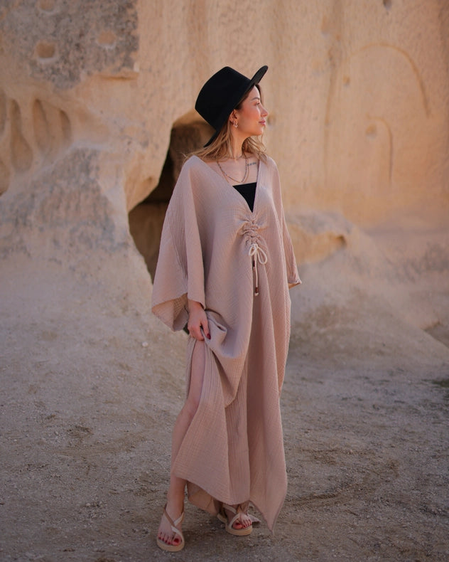 Beige Crinkle Cotton Comfort Kaftan Dress-Dress-Moa-Bust: 62"inches - (158 cm) Waist: 63"inches - (160 cm) Length: 52.5"inches - (133 cm)-Beige-Urbanheer