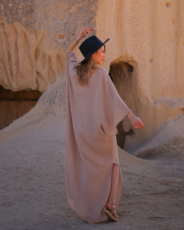 Beige Crinkle Cotton Comfort Kaftan Dress-Dress-Moa-Bust: 62"inches - (158 cm) Waist: 63"inches - (160 cm) Length: 52.5"inches - (133 cm)-Beige-Urbanheer