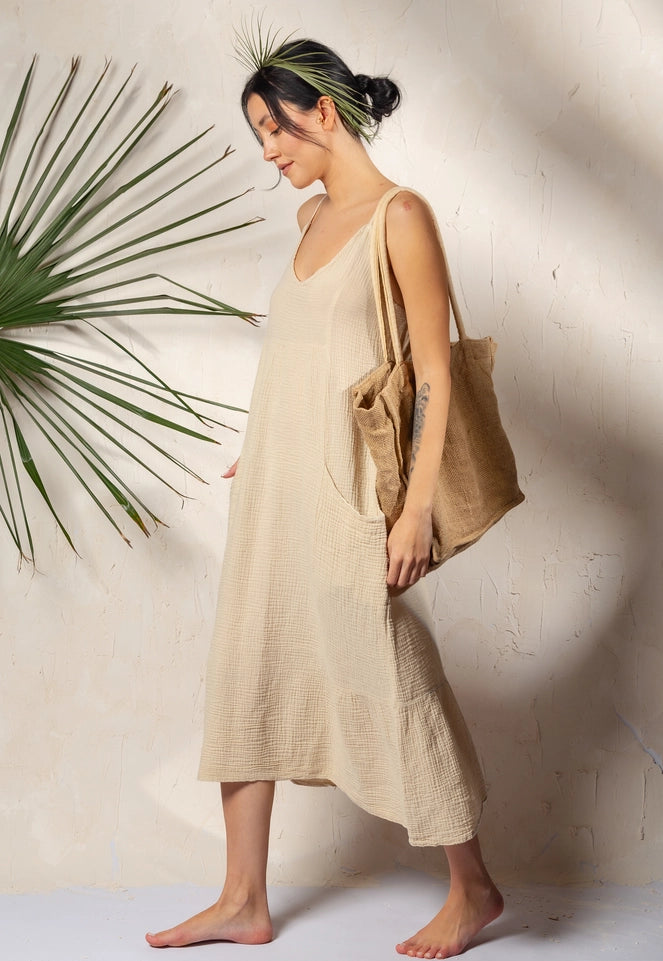 Beige Double Gauze Strap Dress Beige-Dress-Moa-Beige-Urbanheer
