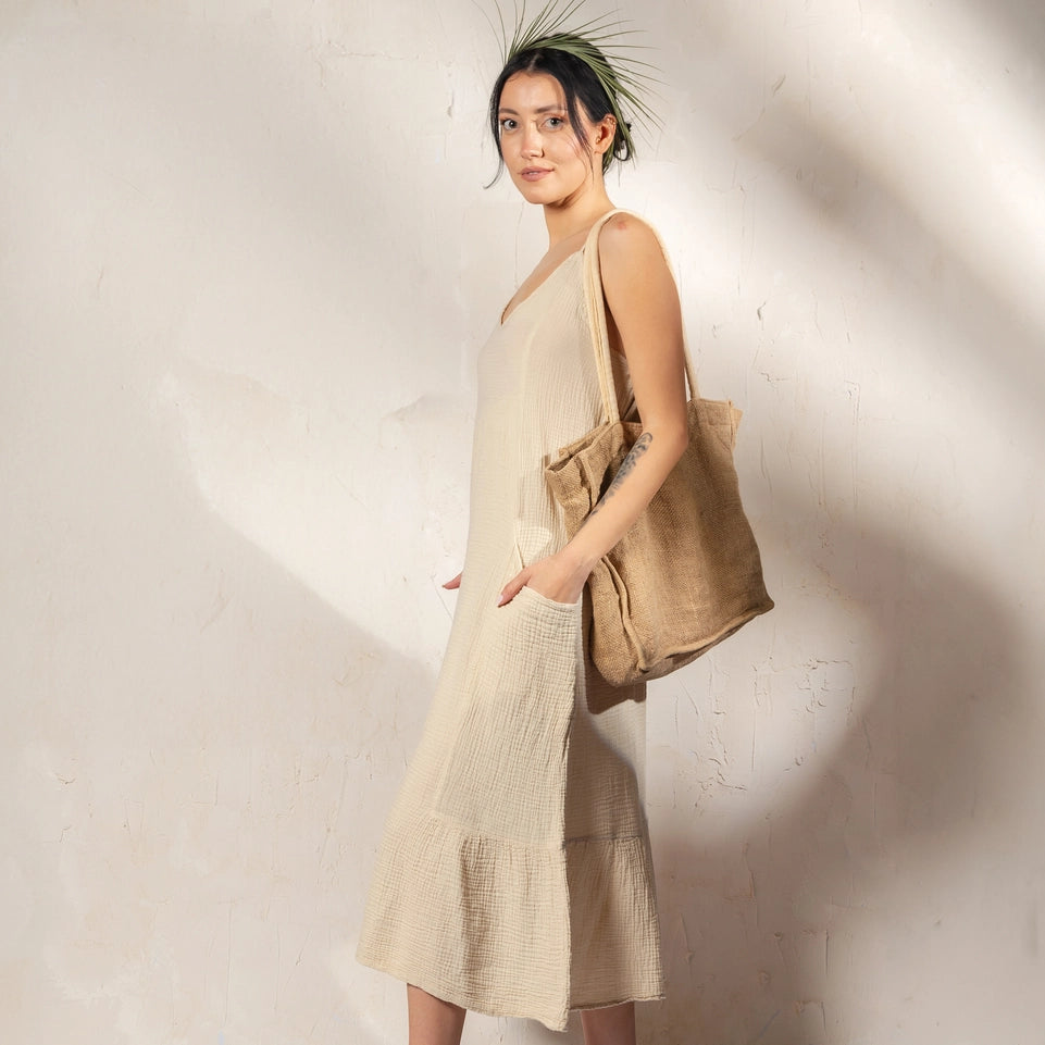 Beige Double Gauze Strap Dress Beige-Dress-Moa-Beige-Urbanheer