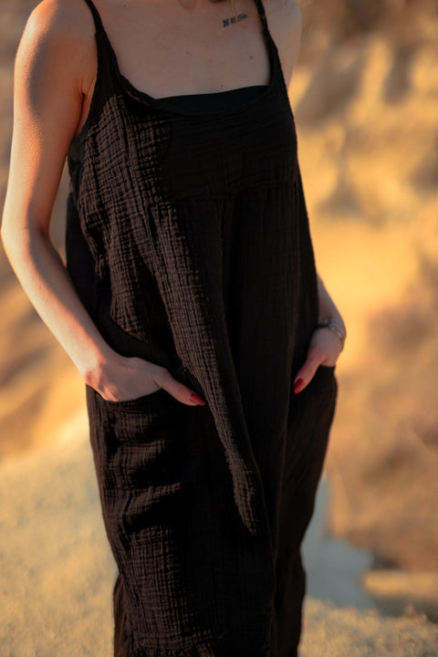 Beige Double Gauze Strap Dress Black-Dress-Moa-Black-Urbanheer