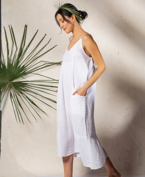 Beige Double Gauze Strap Dress White-Dress-Moa-White-Urbanheer