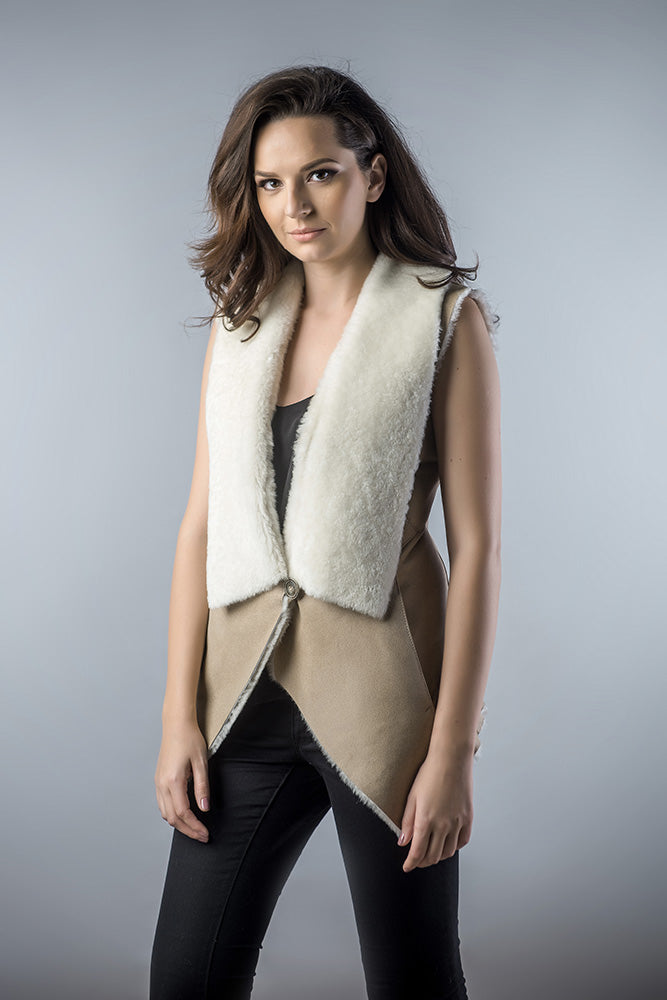 Beige Genuine Nappa Lambskin Merino Fur Vest-Fur Vests & Gilets-Buy Me Fur Ltd-Beige-S-Genuine Merino Sheepskin Leather-Urbanheer