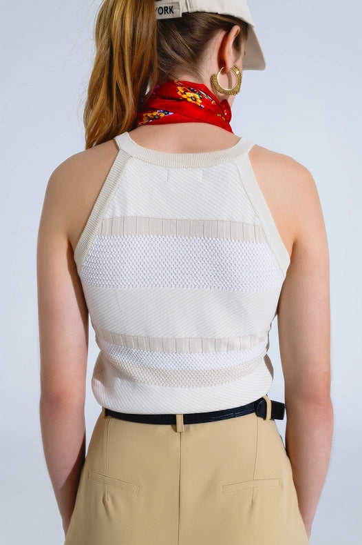 Beige Halter Tank Top With Stripe Design In Different Knits-Tank Tops-Q2-One Size-Beige-Urbanheer