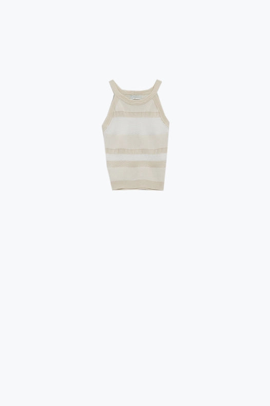 Beige Halter Tank Top With Stripe Design In Different Knits-Tank Tops-Q2-One Size-Beige-Urbanheer