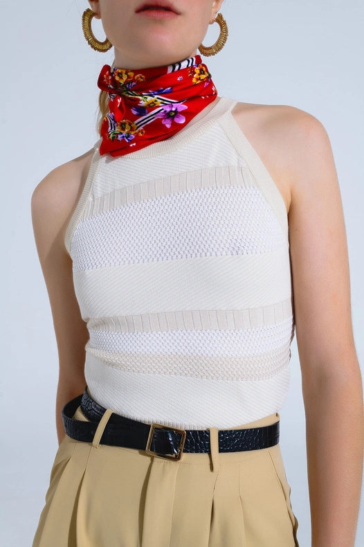 Beige Halter Tank Top With Stripe Design In Different Knits-Tank Tops-Q2-One Size-Beige-Urbanheer