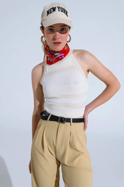 Beige Halter Tank Top With Stripe Design In Different Knits-Tank Tops-Q2-One Size-Beige-Urbanheer
