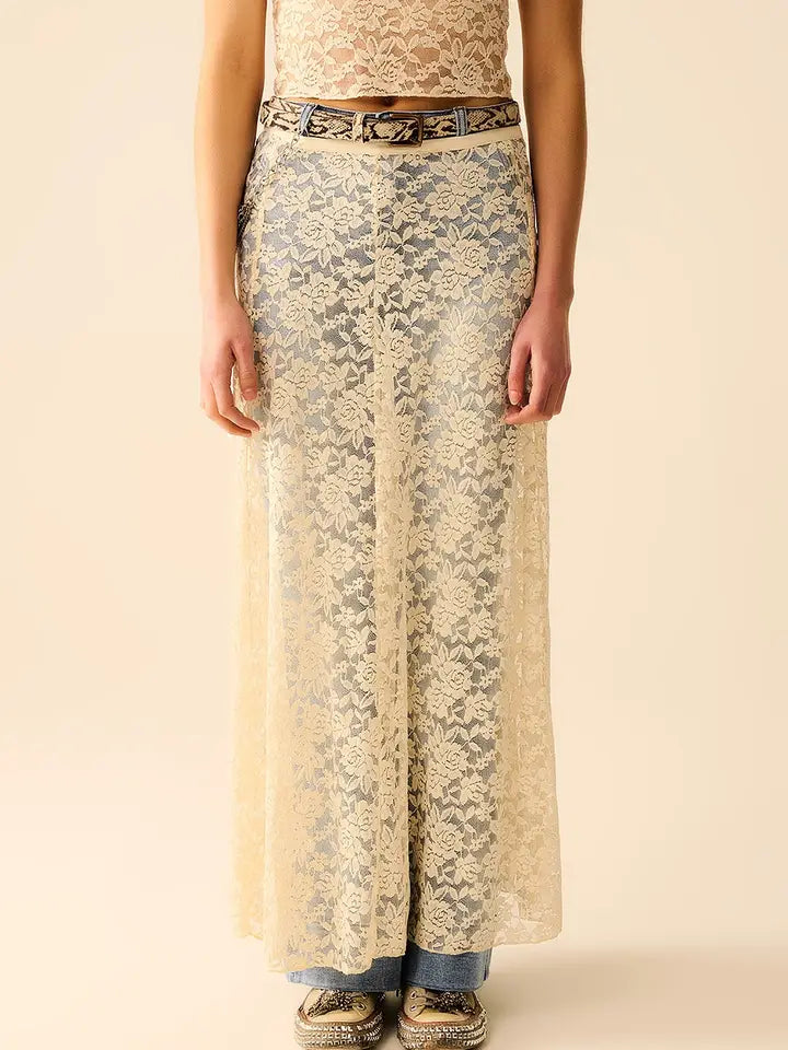 Beige Lace Maxi Skirt with Floral Design-Skirts-Q2-S-CREAM-Urbanheer