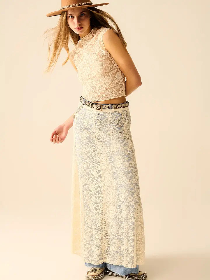 Beige Lace Maxi Skirt with Floral Design-Skirts-Q2-S-CREAM-Urbanheer