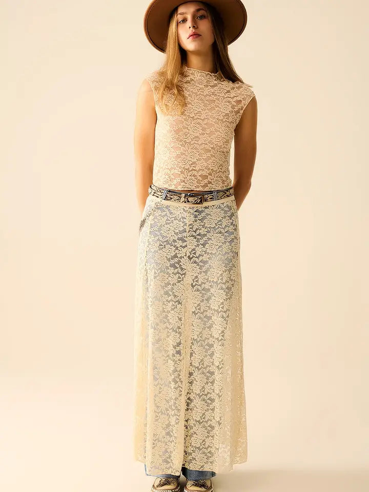 Beige Lace Maxi Skirt with Floral Design-Skirts-Q2-S-CREAM-Urbanheer