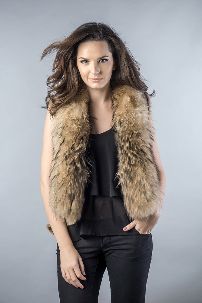 Beige Lamb Nappa Leather Vest with Raccoon Fur Detailing-Fur Vests & Gilets-Buy Me Fur Ltd-Beige-S-Genuine Nappa Lamb Leather-Urbanheer