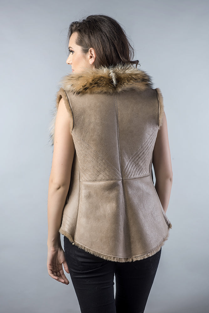 Beige Lamb Nappa Leather Vest with Raccoon Fur Detailing-Fur Vests & Gilets-Buy Me Fur Ltd-Beige-S-Genuine Nappa Lamb Leather-Urbanheer