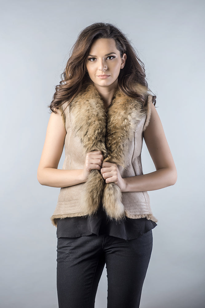 Beige Lamb Nappa Leather Vest with Raccoon Fur Detailing-Fur Vests & Gilets-Buy Me Fur Ltd-Beige-S-Genuine Nappa Lamb Leather-Urbanheer