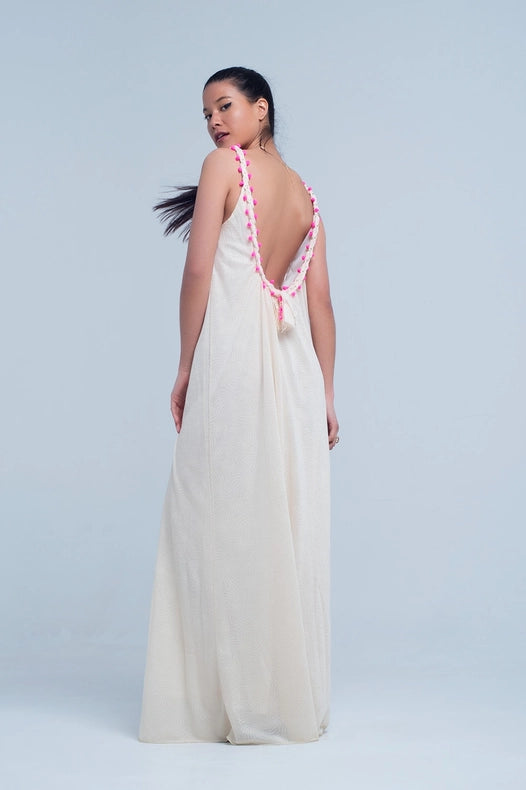 Beige Maxi Dress With Pom Pom Detailing-Dress-Q2-S-Urbanheer
