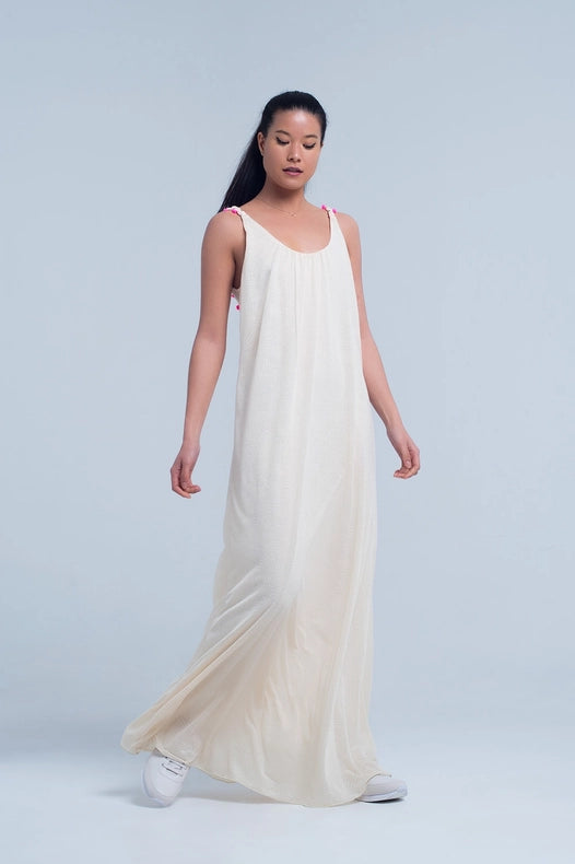 Beige Maxi Dress With Pom Pom Detailing-Dress-Q2-S-Urbanheer