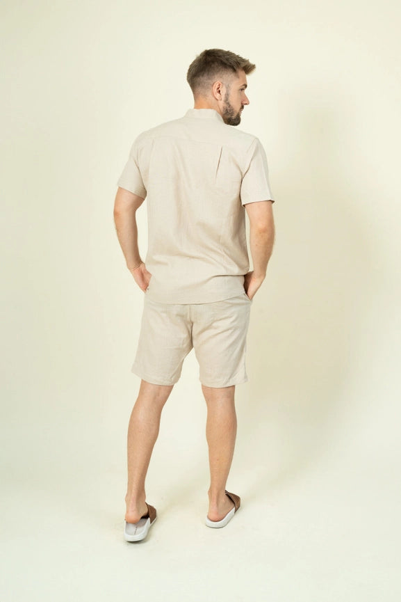 Beige Mens Linen Shirt Short Sleeves-Shirt-Mayense-S-Urbanheer