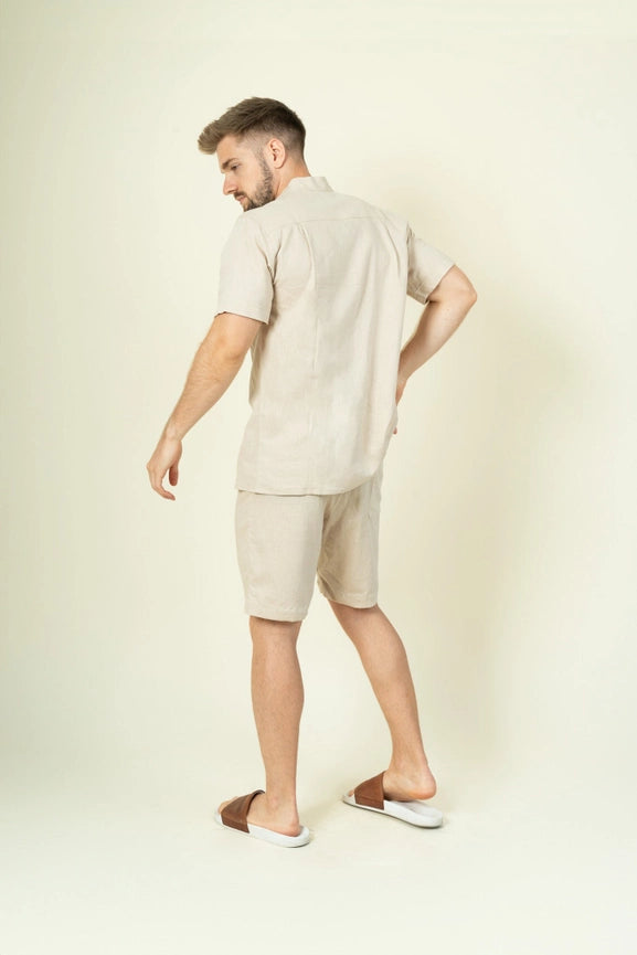 Beige Mens Linen Shirt Short Sleeves-Shirt-Mayense-S-Urbanheer