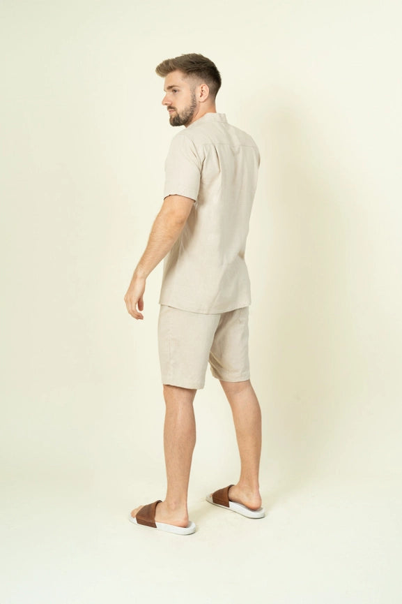 Beige Mens Linen Shirt Short Sleeves-Shirt-Mayense-S-Urbanheer