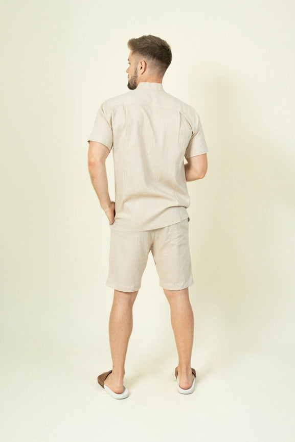 Beige Mens Linen Shirt Short Sleeves-Shirt-Mayense-S-Urbanheer