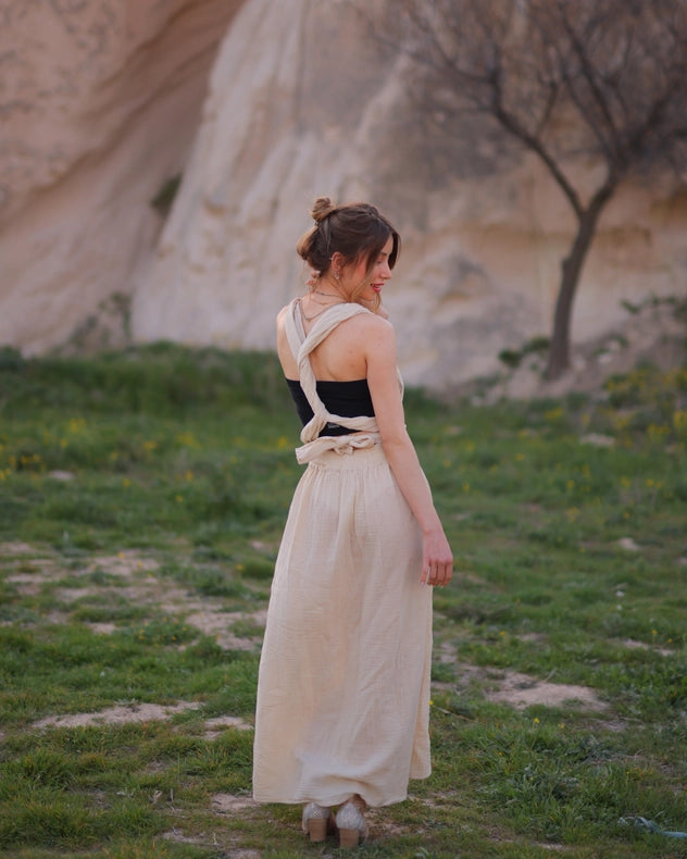 Beige Multi Style Dress-Dress-Moa-Waist: 29"inches - (74 cm) Skirt: 36"inches - (91 cm) Length: 74.5" inches - (190 cm)-Beige-Urbanheer