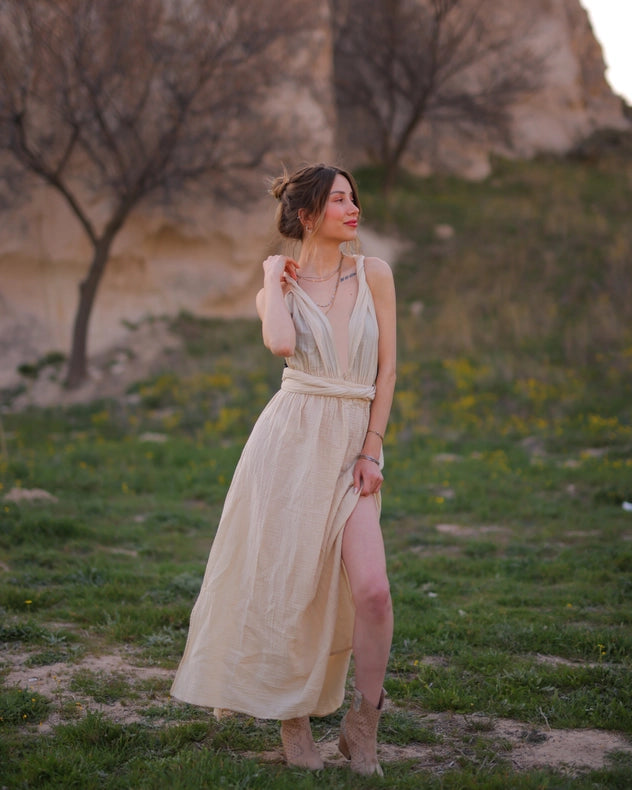 Beige Multi Style Dress-Dress-Moa-Waist: 29"inches - (74 cm) Skirt: 36"inches - (91 cm) Length: 74.5" inches - (190 cm)-Beige-Urbanheer