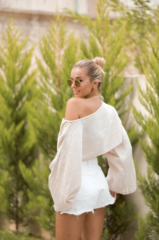 Beige Muslin Off Shoulder Crop Top Blouse-Blouses-Moa-Beige-Urbanheer