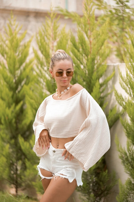 Beige Muslin Off Shoulder Crop Top Blouse-Blouses-Moa-Beige-Urbanheer