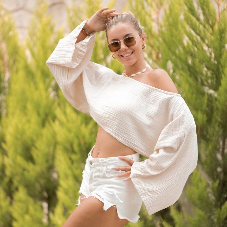 Beige Muslin Off Shoulder Crop Top Blouse-Blouses-Moa-Beige-Urbanheer