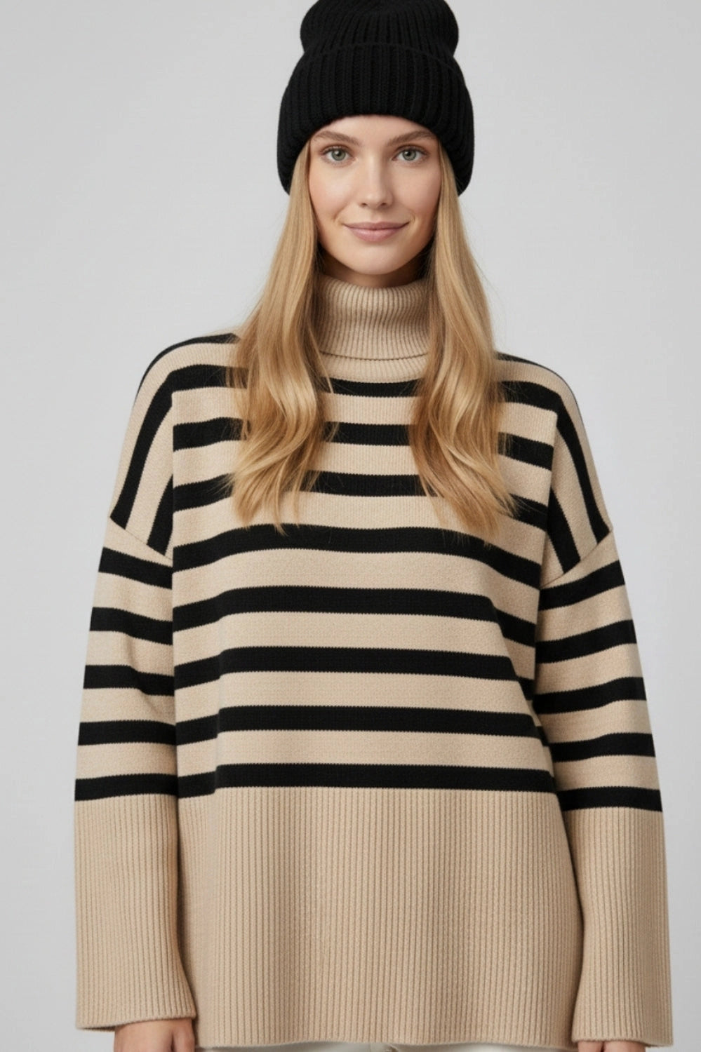 Beige Oversized Turtleneck Sweater with Black Stripes and Splits On the Side