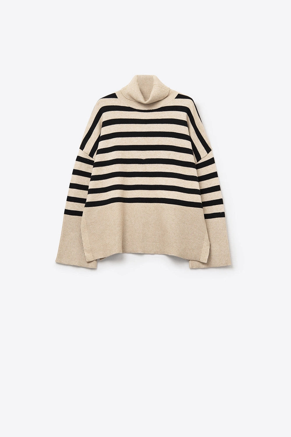 Beige Oversized Turtleneck Sweater with Black Stripes and Splits On the Side