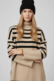 Beige Oversized Turtleneck Sweater with Black Stripes and Splits On the Side
