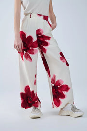 Beige Palazzo Pants with Red Tropial Flower Print and Matching Belt-Pants-Q2-S-RED-Urbanheer