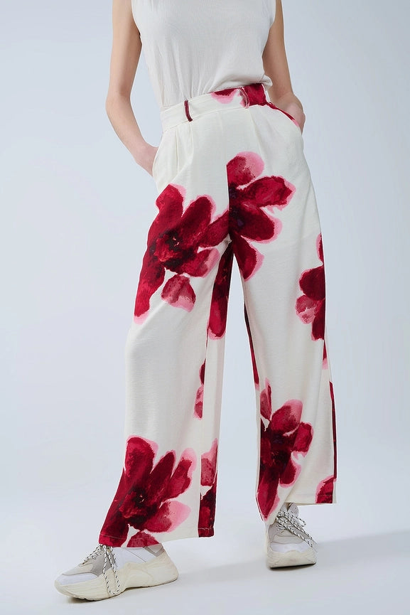 Beige Palazzo Pants with Red Tropial Flower Print and Matching Belt-Pants-Q2-S-RED-Urbanheer