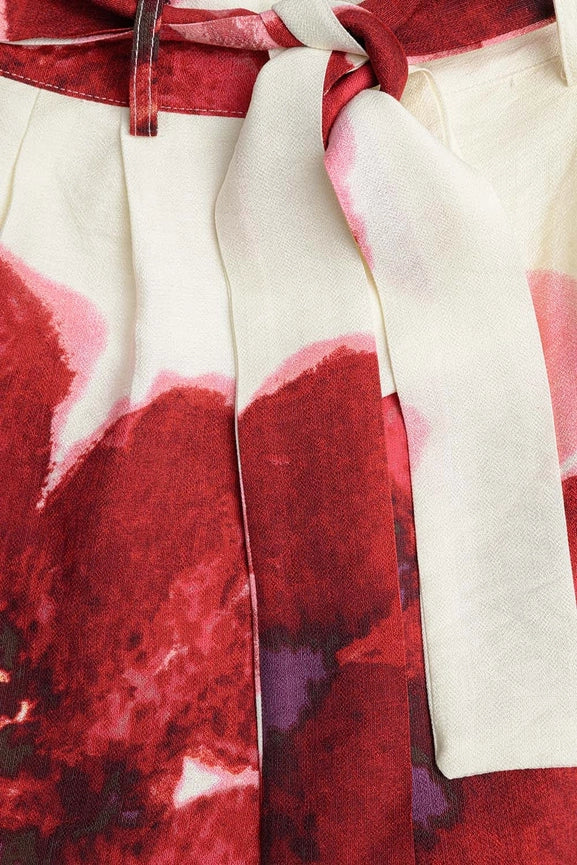 Beige Palazzo Pants with Red Tropial Flower Print and Matching Belt-Pants-Q2-S-RED-Urbanheer