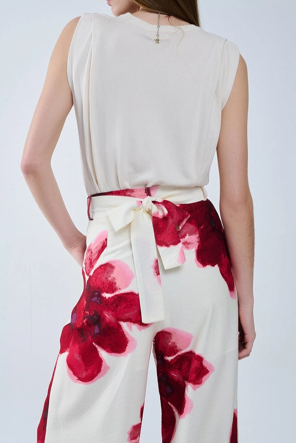 Beige Palazzo Pants with Red Tropial Flower Print and Matching Belt-Pants-Q2-S-RED-Urbanheer