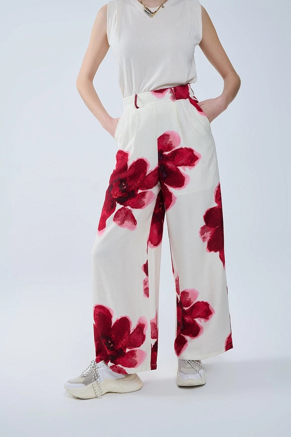 Beige Palazzo Pants with Red Tropial Flower Print and Matching Belt-Pants-Q2-S-RED-Urbanheer
