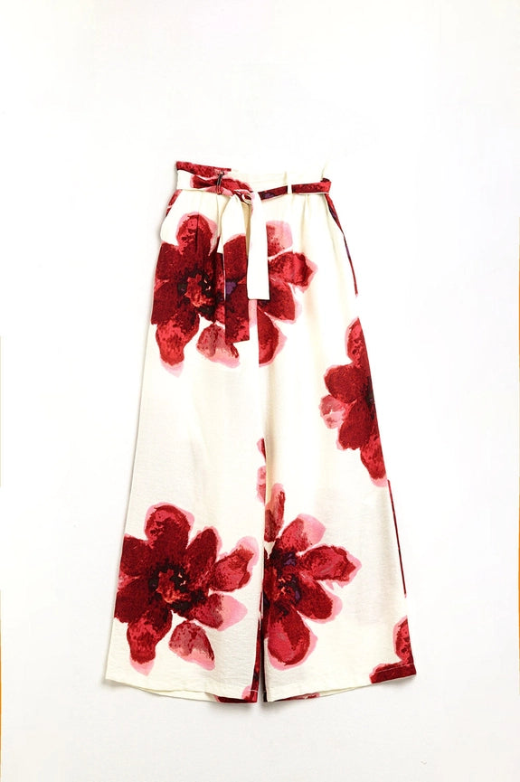 Beige Palazzo Pants with Red Tropial Flower Print and Matching Belt-Pants-Q2-S-RED-Urbanheer