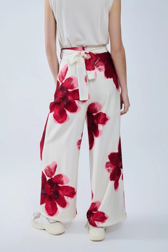 Beige Palazzo Pants with Red Tropial Flower Print and Matching Belt-Pants-Q2-S-RED-Urbanheer