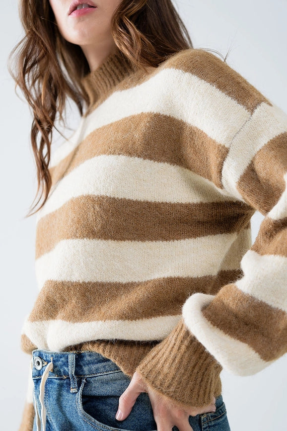 Beige Striped Turtleneck Sweater-Sweater-Q2-S-Beige-Urbanheer