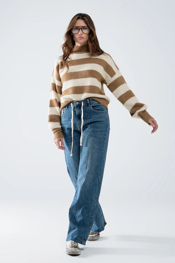 Beige Striped Turtleneck Sweater-Sweater-Q2-S-Beige-Urbanheer