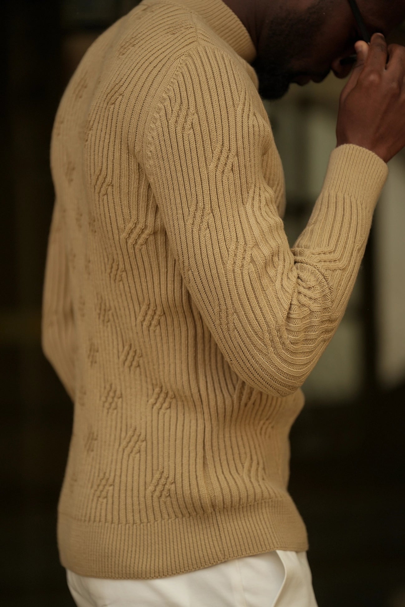 Beige Structure Perkins Collar Pullover