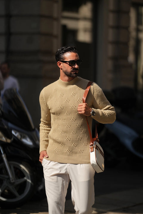 Beige Structure Perkins Collar Pullover