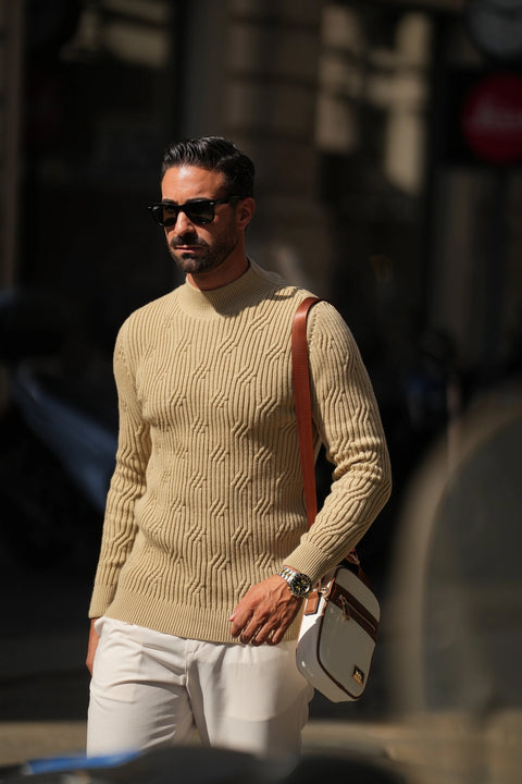 Beige Structure Perkins Collar Pullover