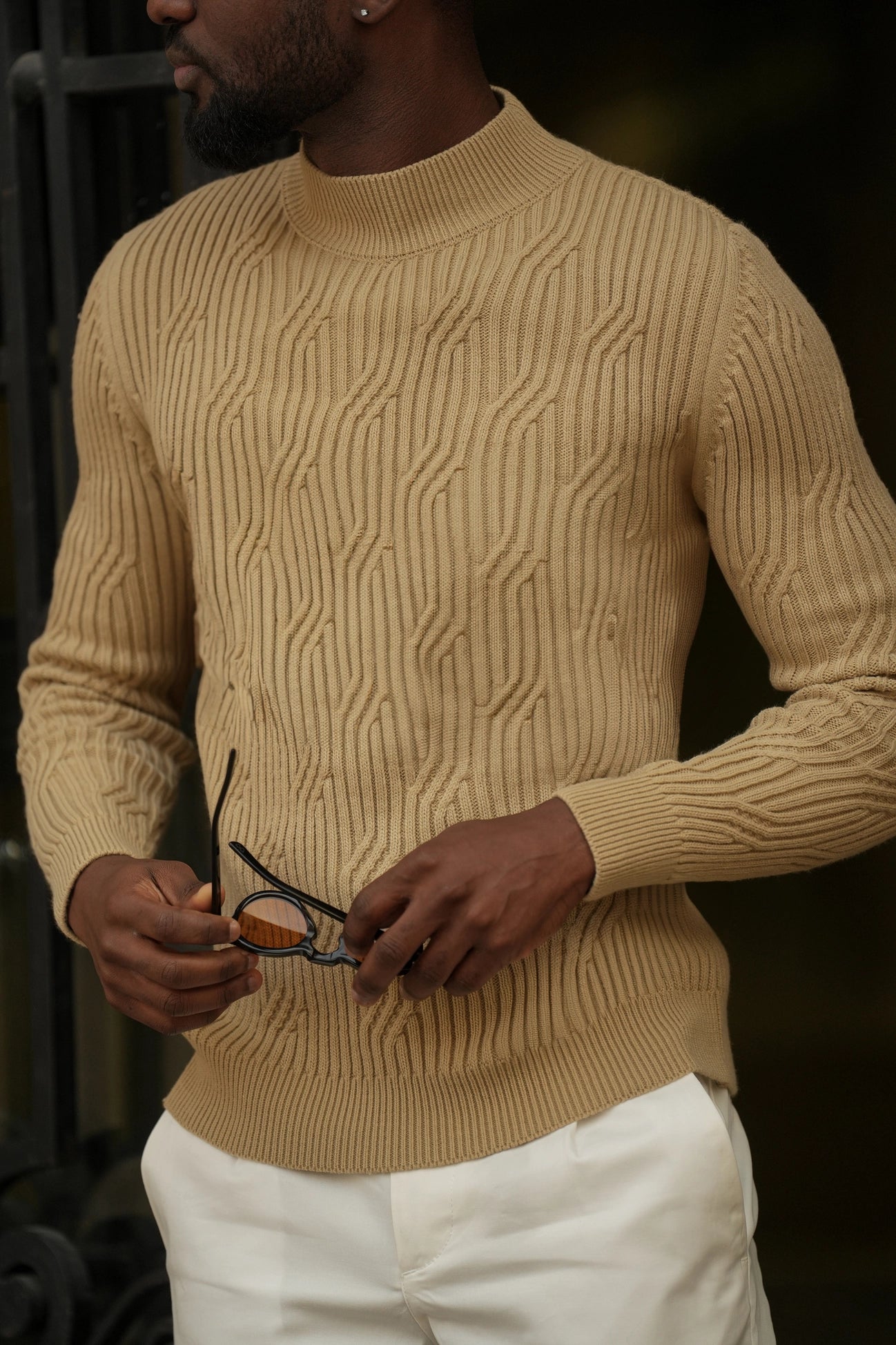 Beige Structure Perkins Collar Pullover