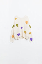 Beige Sweater with Boat Neck and Heart Print-Sweater-Q2-One Size-Urbanheer