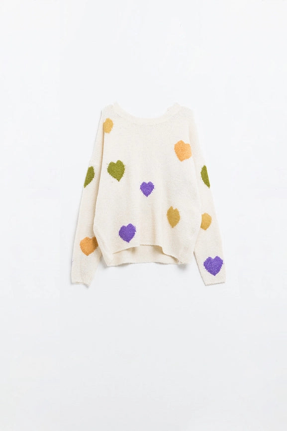 Beige Sweater with Boat Neck and Heart Print-Sweater-Q2-One Size-Urbanheer