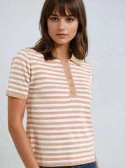 Beige and White Striped Knitted Polo T-Shirt-Polo T-Shirt-Q2-S-BEIGE-Urbanheer