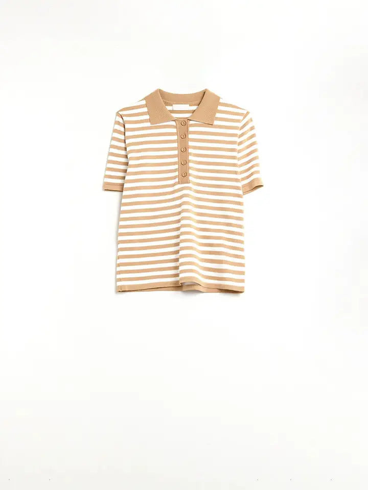 Beige and White Striped Knitted Polo T-Shirt-Polo T-Shirt-Q2-S-BEIGE-Urbanheer