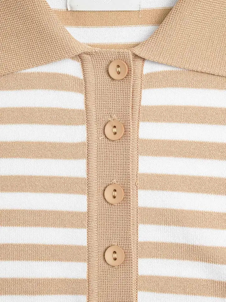 Beige and White Striped Knitted Polo T-Shirt-Polo T-Shirt-Q2-S-BEIGE-Urbanheer