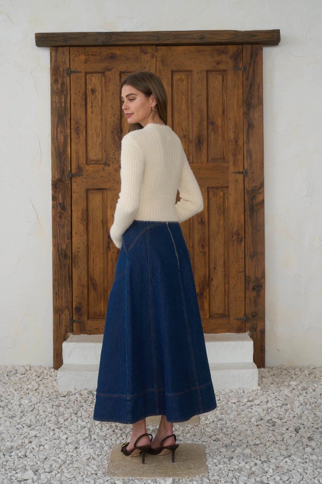 Belt Buckle Detail Denim Midi Skirt